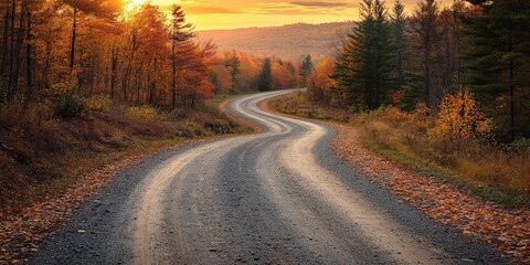 Naklejka premium Serene sunset view of winding road through lush green hills for travel photography
