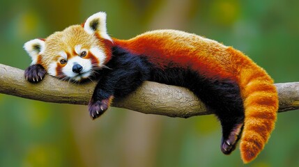 Obraz premium Relaxed red panda lying on a branch with vibrant fur colors and a serene expression in a lush green forest setting, showcasing its playful nature and tranquil environment