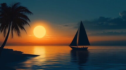 Silhouette of a sailboat sailing on the ocean at sunset with a palm tree in the foreground.