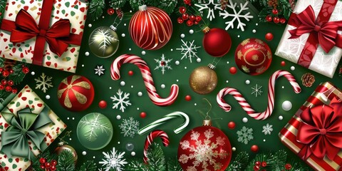 Green holiday background with candy canes, colorful ornaments, wrapped gifts, and snowflakes arranged in a joyful Christmas theme.
