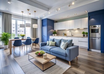 Bright Scandinavian Style Apartment with Open Plan Interior Design Featuring Kitchen, Office, and Lounge Areas in White and Blue Tones with Central Columns
