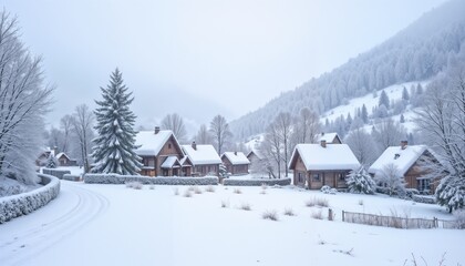 Fototapeta premium Serene winter village landscape with snow-covered wooden houses and frosted trees