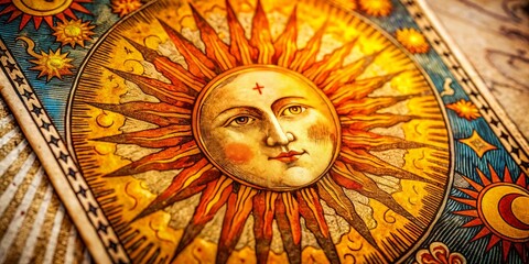 Obraz premium Candid Photography of The Sun Tarot Card from an Antique Deck Featuring a Celestial Body with a Face, Illuminating Symbolism and Mystical Elements in Rich Colors