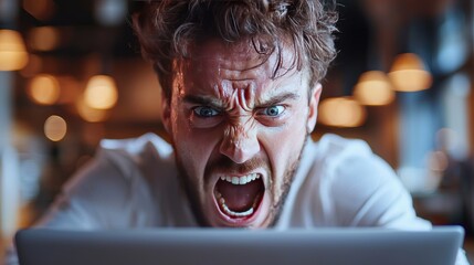 Frustrated Man Yelling at Laptop in Coffee Shop Expressing Anger and Exasperation While Working on a Project with Blurred Background Lights