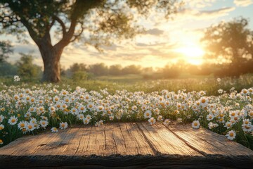 Fototapeta premium Wooden plank on a field of daisies. Ideal for showcasing products or text in a natural setting.