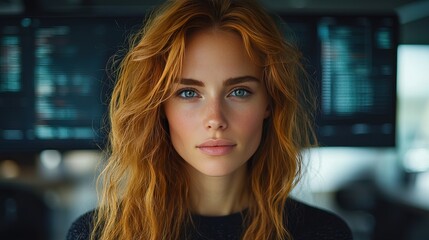 Fototapeta premium Stunning Portrait of a Young Woman with Long Red Hair and Bright Blue Eyes Against a Digital Background&nbsp;Displaying Technology and Innovation Concepts