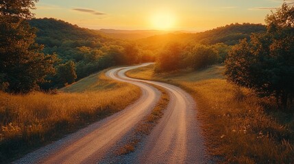 Obraz premium Serene sunset view of winding road through lush green hills for travel photography