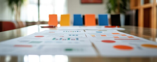 Business plan documents with flowcharts and budget tables arranged on a polished table