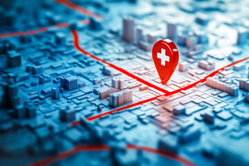 A red cross is on a map of a city. The map is blue and white