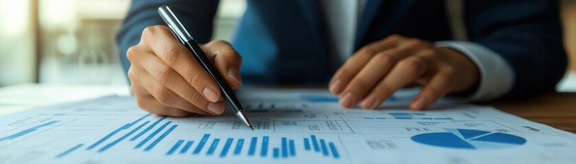 Business consultant analyzing market share diagrams on a blueprint-style document