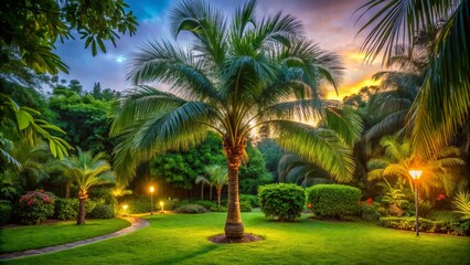 Fototapeta premium Captivating Low Light Photography of a Palm Tree Surrounded by Lush Greenery in a Serene Garden Setting at Dusk, Emphasizing Nature's Beauty and Tranquility