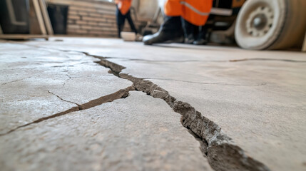 Close-up view of a large crack on a concrete floor with blurred construction workers and equipment in the background, suggesting structural damage or repair work in progress.