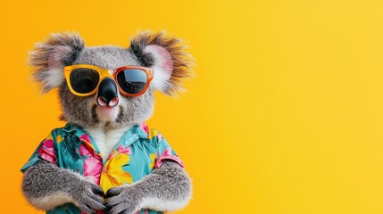 Cute Koala Wearing Sunglasses and Colorful Hawaiian Shirt against Bright Yellow Background Perfect for Fun and Vibrant Stock Imagery