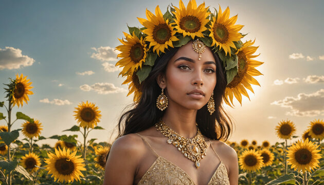 A woman wearing a sunflower crown stands in a field of sunflowers on a sunny day