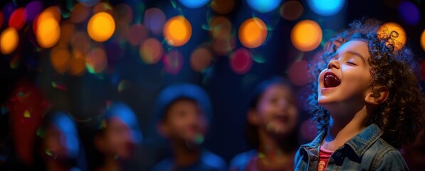 Joyful girl singing at a vibrant party surrounded by colorful lights.