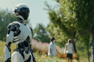 Robot act like a human doing normal activity with his family outside, happiness