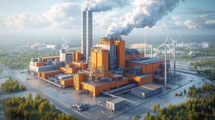 Industrial complex with smokestacks and wind turbines in a landscape.
