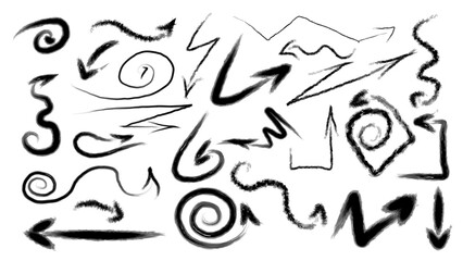 Sketch style vector arrow set. Arrow line hand drawn brush vector set. Grunge square, spiral, arrow element scribble line design. Grunge abstract chalk, crayon pencil style. Vector illustration.