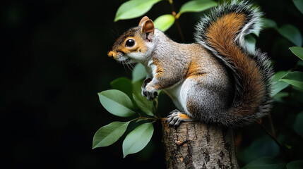 Naklejka premium Close-up of a squirrel perched on a tree stump surrounded by green leaves with a dark blurred background