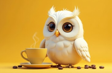 Owl drinking coffee and can't sleep.
Owl holding a mug with a hot drink. Cute little northern owl drinking coffee from a mug. Funny white bird. A white owl drinks a hot drink from a white mug.