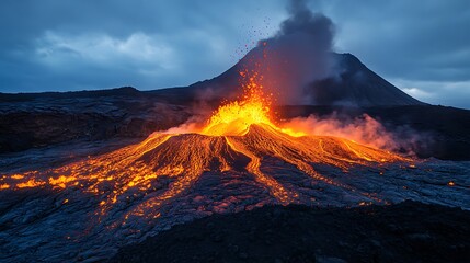 Towering volcano erupting with fiery lava against a dark, stormy sky for a dramatic background