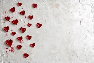 Simple red hearts scattered on a subtle textured white background.