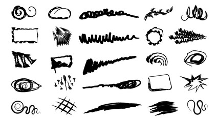 Black pen marker shapes.Highlight arrow marker isolated mark lines, circle and arrow line for highlighting text. Scribble hand draw doodle. Doodle elements isolated on transparent background.