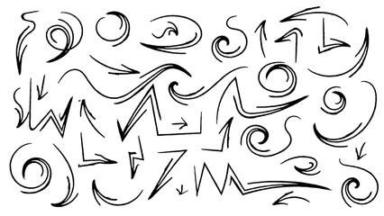 Arrow marker Scribble hand draw  doodle, ink, collection. Highlight hand drawn arrow marker isolated mark  lines, circle and arrow line for highlighting text.