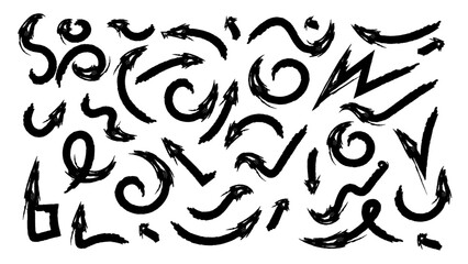 Arrows set, strokes drawn with marker. Grunge paint abstract brush strokes texture. Black ink stencils. Paintbrush, splash, spray, ink splatter and paint marks. Vector illustration.