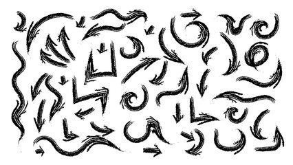 Arrow line hand drawn brush vector set. Decorative doodles. Hand drawn pointing arrow, outline shapes and doodle frames. Crayon pencil style. 