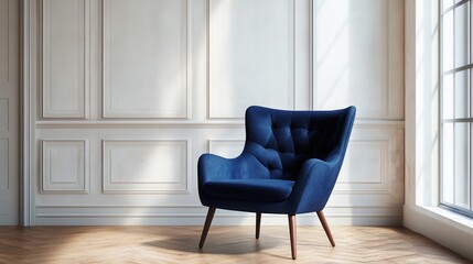 Elegant Blue Velvet Armchair in Classic Room Interior Design