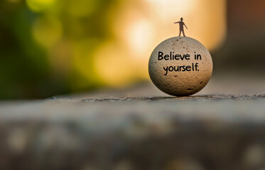 A small man standing on a large ball with the words believe in yourself written on it. The image conveys a message of self-confidence and determination