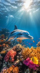 A dolphin swims through a vibrant coral reef, sunlight shining through the water above.