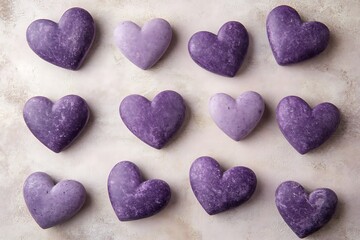 Obraz premium Large soft purple hearts scattered randomly on a light pastel background.