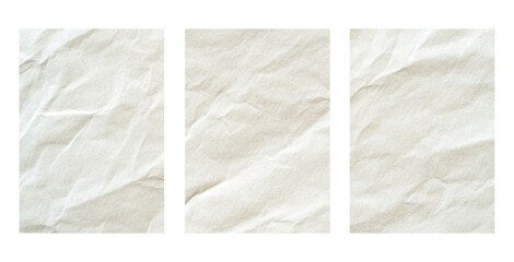 three plain bond papers with texture and crumpled on transparent background