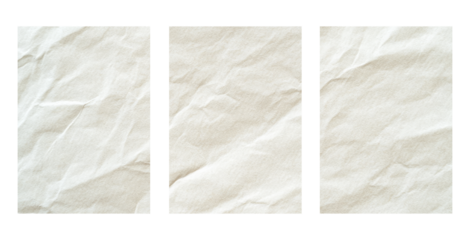 three plain bond papers with texture and crumpled on transparent background