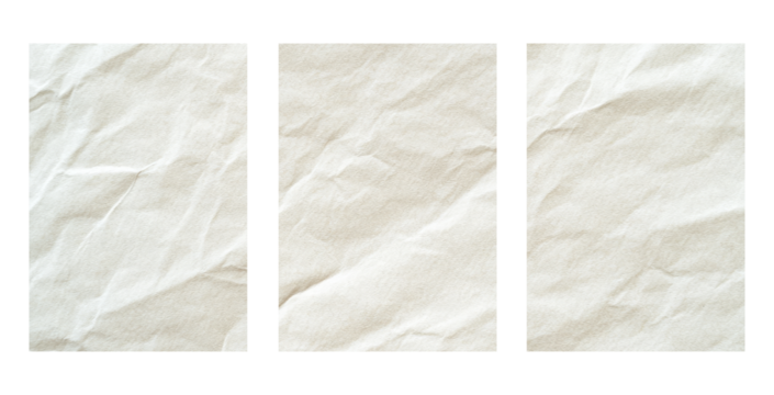 three plain bond papers with texture and crumpled on transparent background