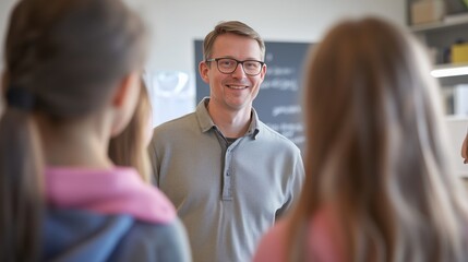 Fototapeta premium Friendly Teacher Engaging with Students in Classroom Setting for Positive Learning Environment