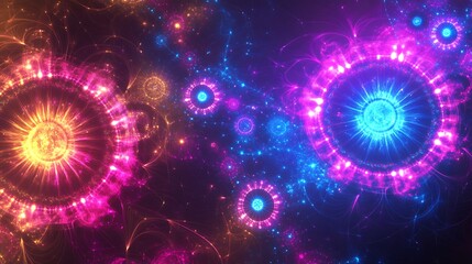 Obraz premium Neon glowing light bursts forming circular patterns against a dark digital background.