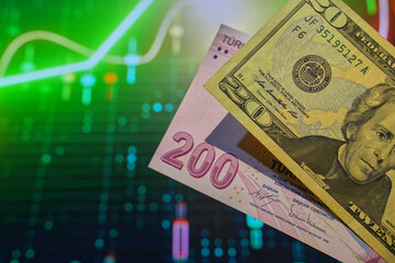 Fototapeta premium US dollar and Turkish lira macro detail shooting