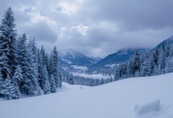 Fototapeta premium a snow covered mountain with a bench in the middle
