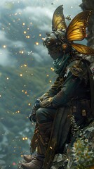 Fototapeta premium Steampunk Fantasy Character with Mechanical Wings on a Mountaintop