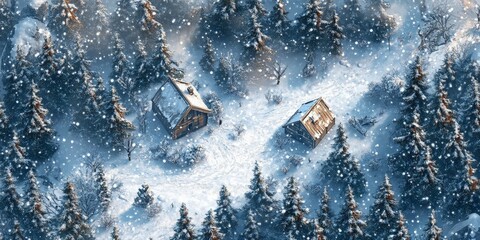 Aerial view of snow-covered battlefield with tents and rocky cliffs in winter landscape