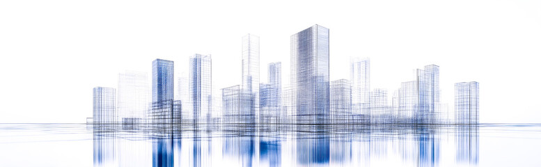 Fototapeta premium A city skyline is reflected in the water