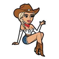 Cartoon Cowgirl Character Sitting Illustration