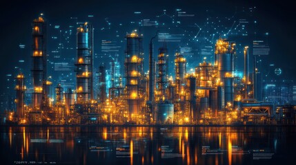 Industrial landscape at night with glowing structures and data overlays.