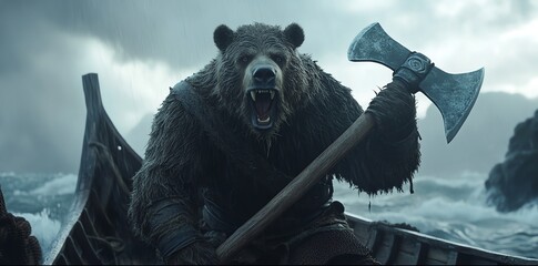 A fierce bear warrior holding a double-bladed axe in a viking ship.