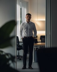 Confident businessman standing in a modern office hallway, dressed in a white shirt, hands in pockets, representing professionalism, leadership, corporate culture, and success in a business setting.