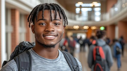 Fototapeta premium The image features a young, confident African American student with a warm smile, standing in a bustling university hall filled with natural light and modern architecture