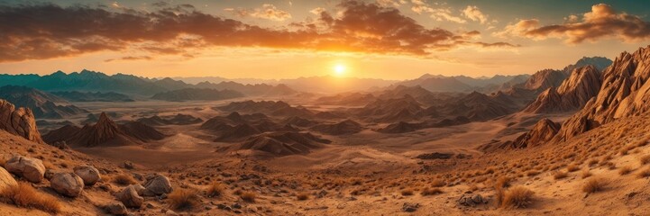 Golden sunset over mountains, stone desert with rocky ridge. landscape with mountain cloudy and sky